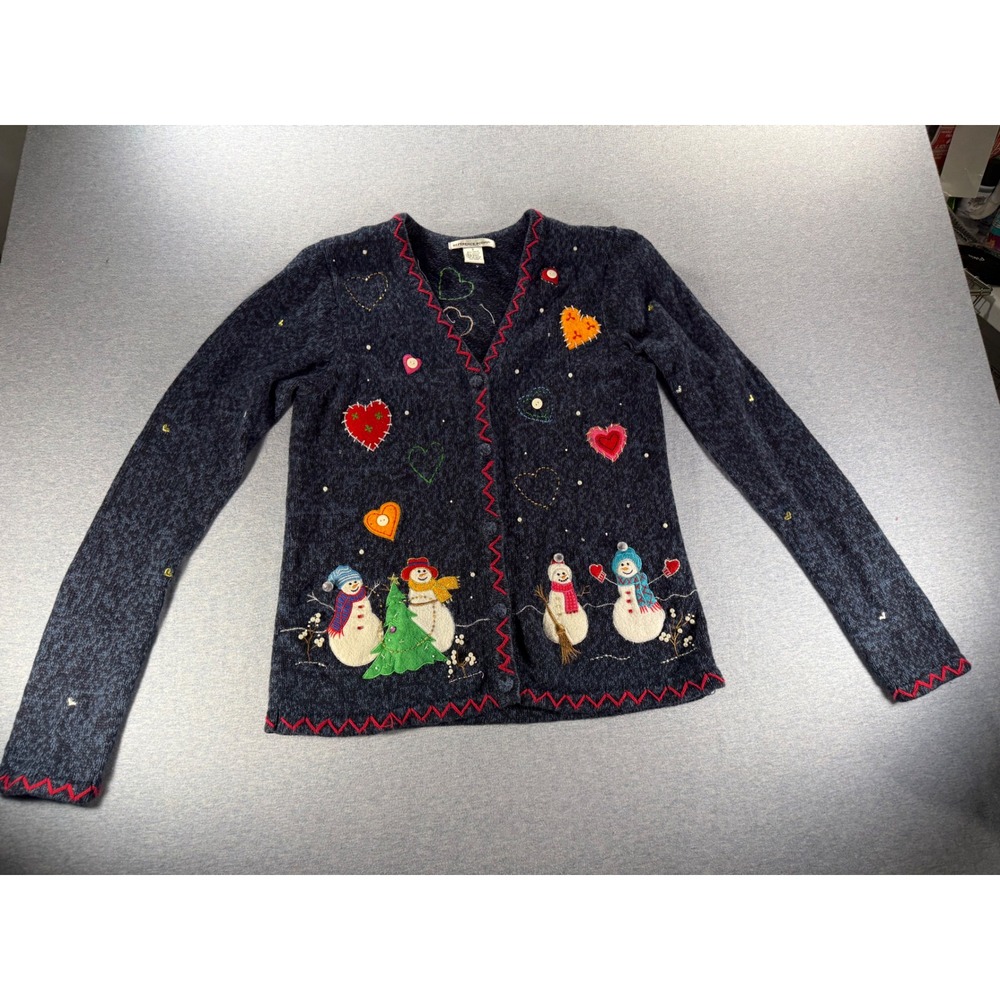 Reference Point Navy Blue Snowman Heart Embroidered Holiday Cardigan Sweater S